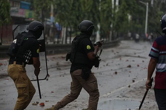 The police fire shotgun bullets, tear gas shells, and sound grenades at protesting students in Sylhet on 2 August, 2024.